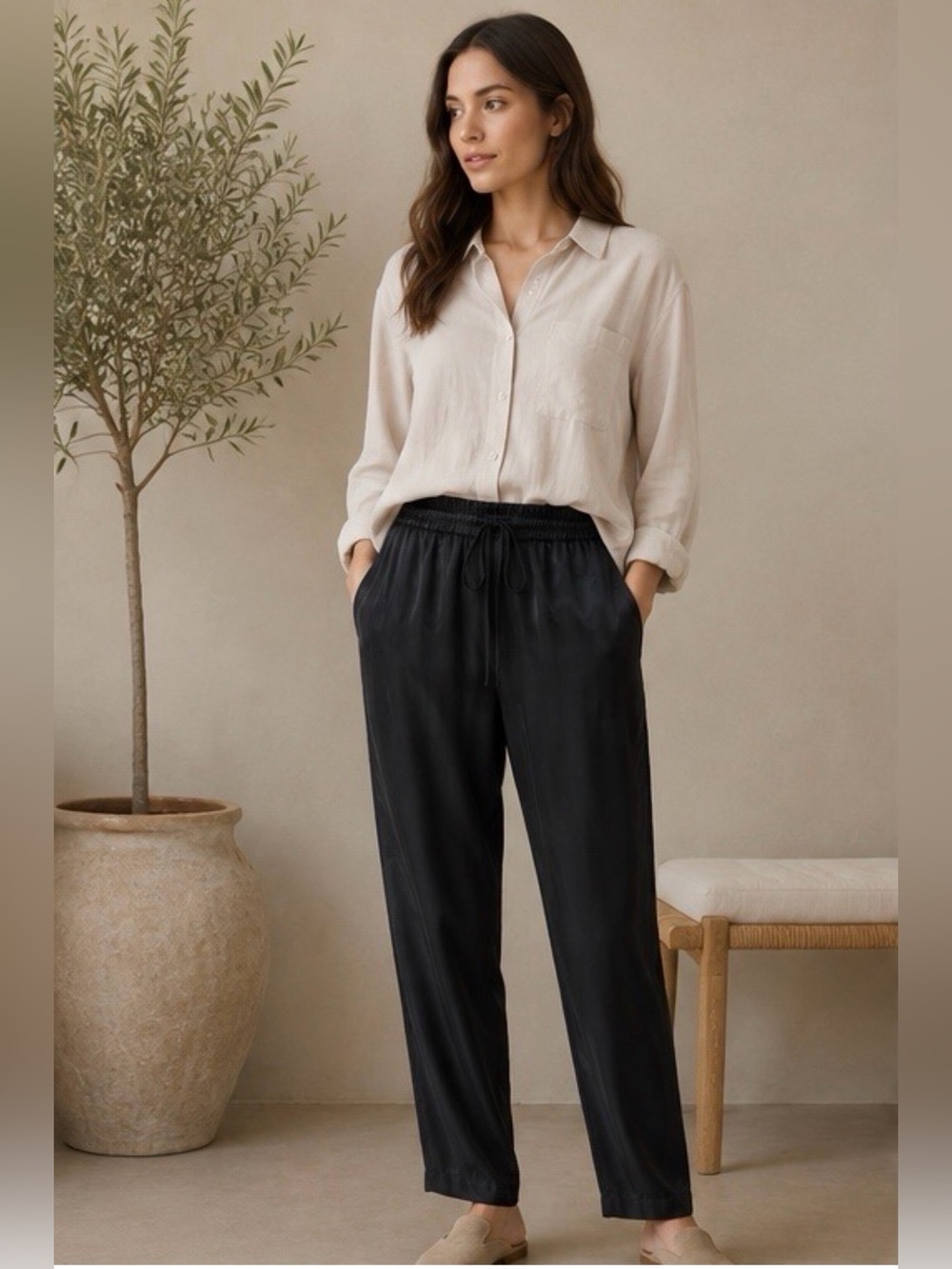 Jenni Kayne Cupro Viscose Silk-Like Satin Jogger Pants Black Size Large L
